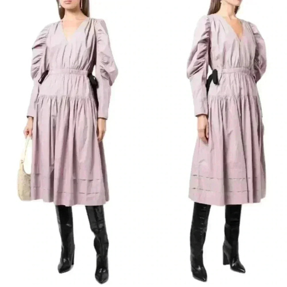 ULLA JOHNSON Gathered Midi Dress 2 Puff Sleeve Althea Tiered Skirt Cotton Bows - Picture 2 of 16